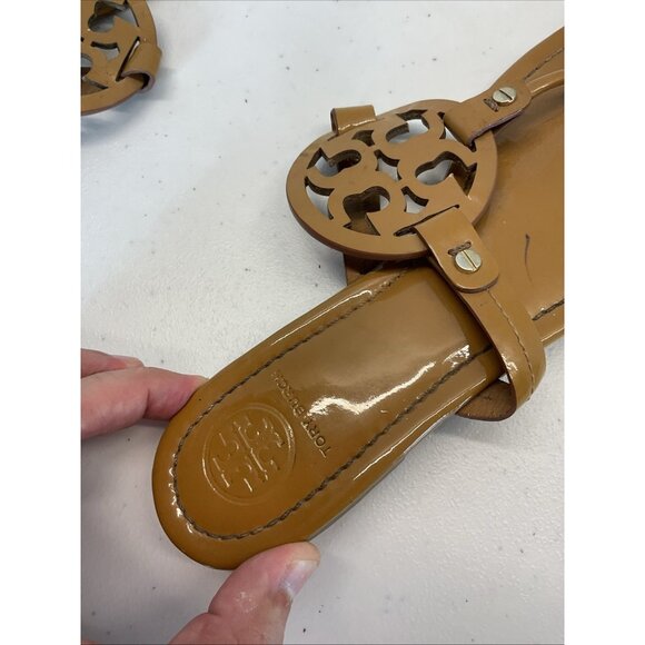 Tory Burch Miller Sandal Soft Brown Patent Leather Size 9.5M Beach Casual Boat - Picture 11 of 13